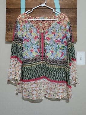 Boho Floral Patchwork 3/4 Bell Sleeves Sheer Popover Peasant Top - Multicolor